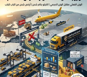 صورة إعلانية مفصلة بنمط الأيزومترية تُظهر طرق الشحن من مصر إلى أوروبا عبر شركة السراج للشحن الدولي، وتتميز بطائرة وشاحنة وسفينة حاويات، مع لوحة تحليل أسعار الشحن ومقارنة بين الشحن الجوي السريع والبحري الاقتصادي، ومعلومات جمركية، وأرقام تواصل عبر الهاتف والواتساب.