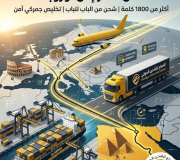 صورة توضيحية لخدمات الشحن الجوي والبحري من مصر إلى أوروبا، تتضمن شعار شركة السراج للشحن الدولي وأرقام التواصل المباشر.