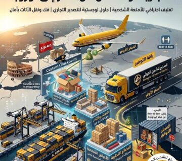 رسم توضيحي متساوي القياس (isometric) حديث ومفصل لشركة "السراج للشحن الدولي" يعرض خدمات الشحن من مصر إلى أوروبا. تُظهر الصورة خريطة عالمية تربط بين أهرامات مصر (مع تسمية EGYPT) ومعالم أوروبية مثل الكولوسيوم وبوابة براندنبورغ. تتضمن الوسائل اللوجستية طائرة شحن صفراء، وسفينة حاويات ALSERAG في ميناء، وشاحنة نقل السراج للشحن الدولي. توجد لافتات ونصوص باللغة العربية توضح: أسعار وتكلفة الشحن، مقارنة بين الشحن الجوي السريع والبحري الاقتصادي، حزمة الشحن الشخصي (ابتداءً من 30%)، حزمة الشحن التجاري (ابتداءً من 40%)، تحليل تكلفة الوزن الفعلي مقابل الحجمي، شفافية الرسوم الجمركية، وخدمة من الباب للباب (door to door). يُعرض شعار الشركة ومعلومات الاتصال (أرقام الهواتف 01070709316 و 01070709317) مع أيقونات الهاتف والواتساب في الأسفل.