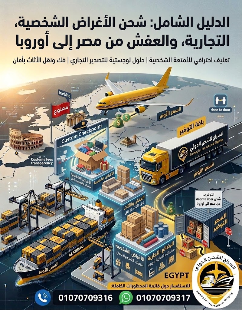 رسم توضيحي متساوي القياس (isometric) حديث ومفصل لشركة "السراج للشحن الدولي" يعرض خدمات الشحن من مصر إلى أوروبا. تُظهر الصورة خريطة عالمية تربط بين أهرامات مصر (مع تسمية EGYPT) ومعالم أوروبية مثل الكولوسيوم وبوابة براندنبورغ. تتضمن الوسائل اللوجستية طائرة شحن صفراء، وسفينة حاويات ALSERAG في ميناء، وشاحنة نقل السراج للشحن الدولي. توجد لافتات ونصوص باللغة العربية توضح: أسعار وتكلفة الشحن، مقارنة بين الشحن الجوي السريع والبحري الاقتصادي، حزمة الشحن الشخصي (ابتداءً من 30%)، حزمة الشحن التجاري (ابتداءً من 40%)، تحليل تكلفة الوزن الفعلي مقابل الحجمي، شفافية الرسوم الجمركية، وخدمة من الباب للباب (door to door). يُعرض شعار الشركة ومعلومات الاتصال (أرقام الهواتف 01070709316 و 01070709317) مع أيقونات الهاتف والواتساب في الأسفل.